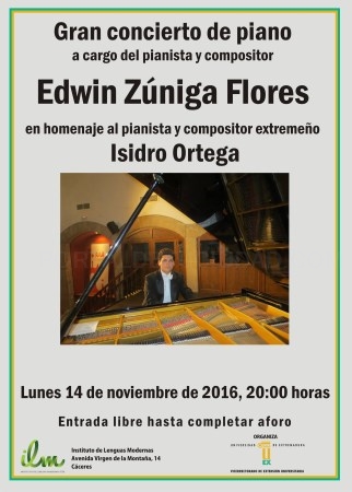 El joven músico Edwin Zúniga Flores ofrece un concierto de piano hoy lunes, 14 de noviembre, a las 20:00 horas, en el Instituto de Lenguas Mode