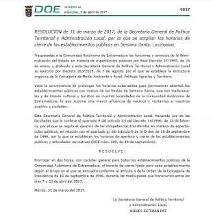 DEL 7 AL 23 DE ABRIL LOS ESTABLECIMIENTOS EXTREMEÑOS PRORROGARÁN SU HORARIO DE CIERRE EN 2 HORAS POR LA NOCHE