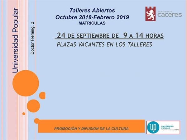 Nuevo el plazo de matriculas para el programa de talleres abiertos de la Universidad Popular de Cáceres.