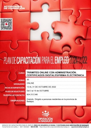 Diputación de Badajoz abre este lunes las inscripciones para la acción formativa ‘’Trámites online con la administración. Certificados digitales y fir