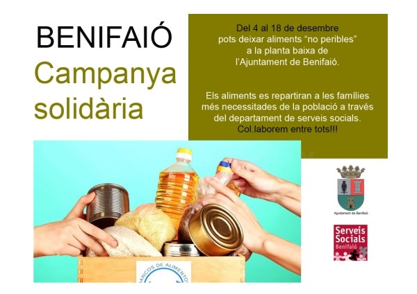 El Ayuntamiento de Benifaió pone en marcha una campaña solidaria de recogida de alimentos para las familias más necesitadas del municipio