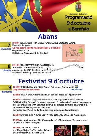 Benifaió ofrece un amplio programa para celebrar la festividad del “9 d’octubre”