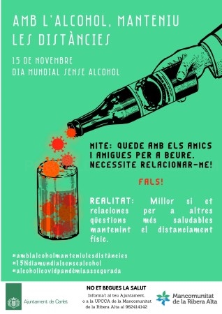 Carlet se suma a la campanya Amb l’alcohol,manteniu les distàncies de la Unitat de conductes Addictives de la Mancomunitat.