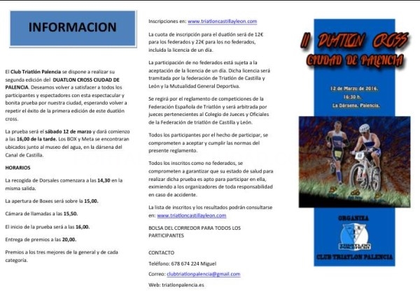 El II Duatlón Cross Ciudad de Palencia se disputará el próximo 12 de marzo en los entornos del Canal de Castilla y Monte el Viejo