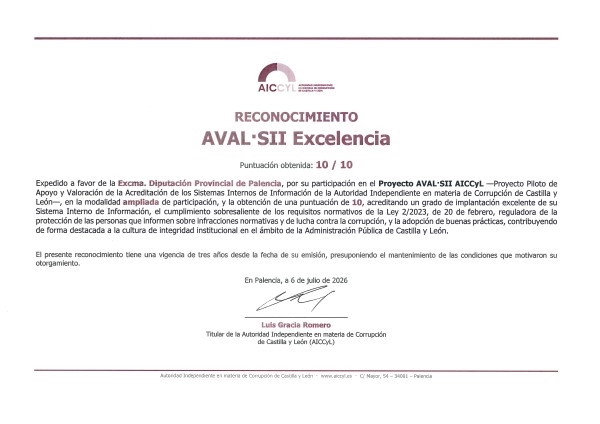 La Diputación de Palencia obtiene el reconocimiento de Excelencia de la Autoridad Independiente en materia de Corrupción de Castilla y León