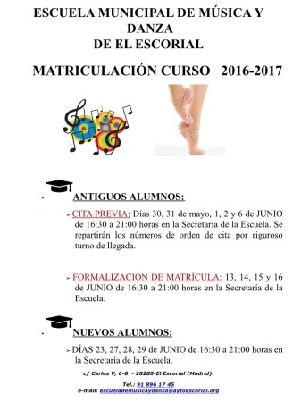 Abiertas matrículas en la Escuela Municipal de Música y Danza de El Escorial para el curso 16-17