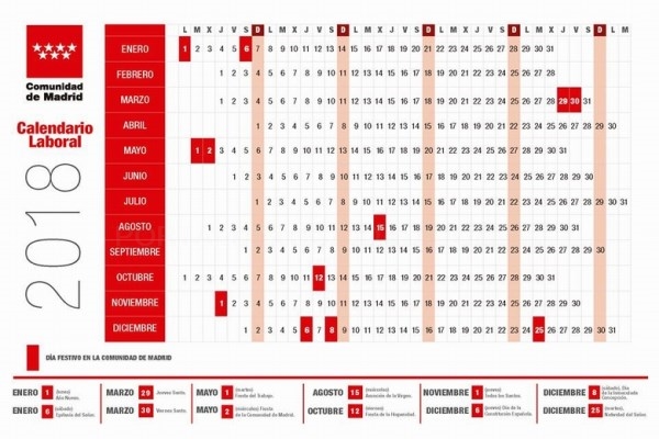 calendario laboral de 2018, con 12 días festivos