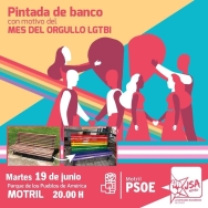 JUVENTUDES SOCIALISTAS DE MOTRIL PINTARÁ UNO DE LOS BANCOS DEL PARQUE DE LOS PUEBLOS DE AMÉRICA CON LA BANDERA ARCO IRIS COMO APOYO A COMUNIDAD LGTBI