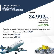 Récord de exportaciones andaluzas en los siete primeros meses de 2022, con 24.992 millones de euros y un crecimiento del 26,9%