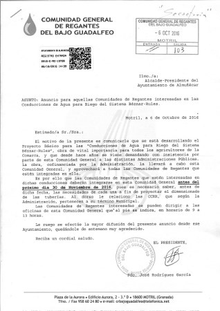 Anuncio de la comunidad general de regantes del bajo Guadalfeo