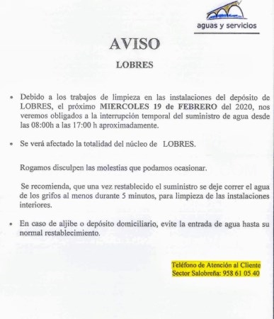 Trabajos de limpieza en el depósito de Lobres obligarán a cortar el suministro de agua el próximo miércoles 19 de febrero