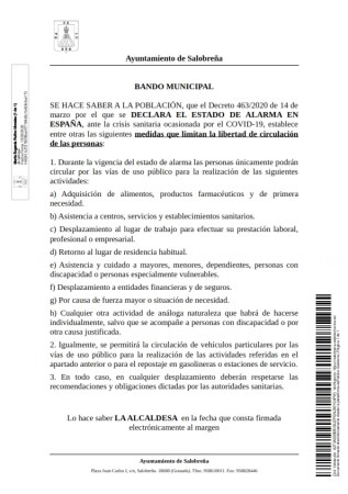 Actualización de las medidas tomadas por el Ayuntamiento de Salobreña tras la publicación del Real Decreto de Declaración del Estado de Alarma
