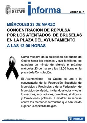 El Ayuntamiento de Getafe convoca una concentración de repulsa por los atentados de Bruselas
