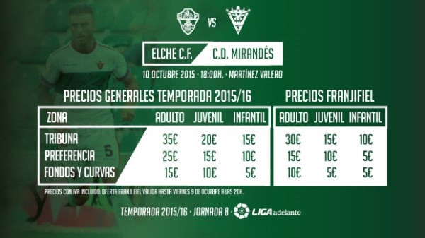 Precios para el partido Elche – Mirandés