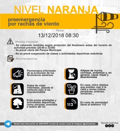 Preemergencia NARANJA por viento (13/12/18 08:30)