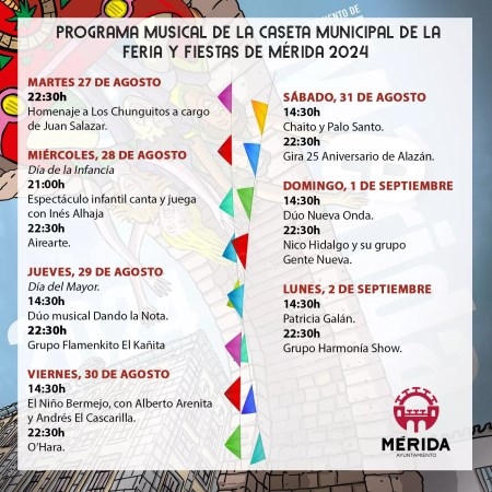 Una amplia programación musical protagonizará la Feria de Mérida 2024 que contará, en el recinto ferial, con un total de 54 atracciones