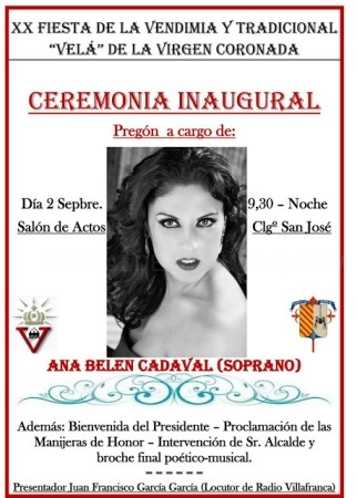 EL VIERNES SE INAUGURA NUESTRA FIESTA DE INTERES TURÍSTICO REGIONAL CON UN PREGON A CARGO DE LA SOPRANO ANA BELÉN CADAVAL.