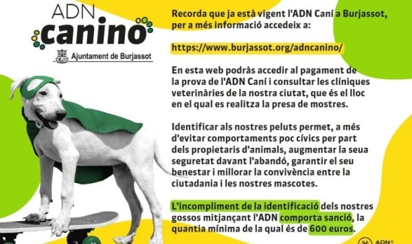 La Policía Local de Burjassot inicia una campaña informativa y de control del registro de adn canino